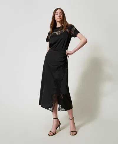 Twinset Jupe Mi-longue En Satin Et Dentelle In Black