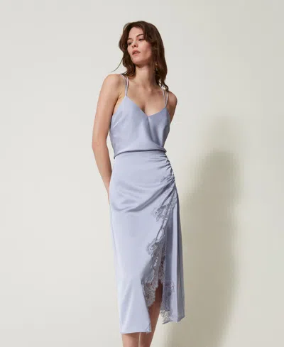 Twinset Jupe Mi-longue En Satin Et Dentelle In Blue