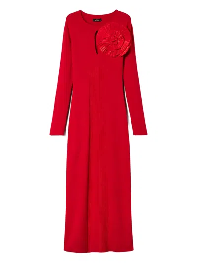 Twinset Keyhole-neck Ruffled-flower Midi Dress In Red