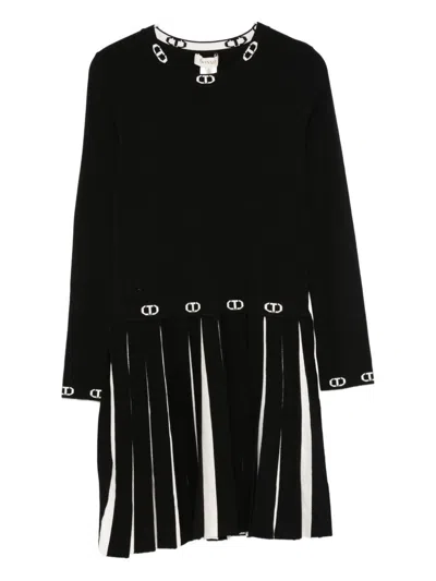Twinset Kids Dress With Logo And Pleated Hem In Black