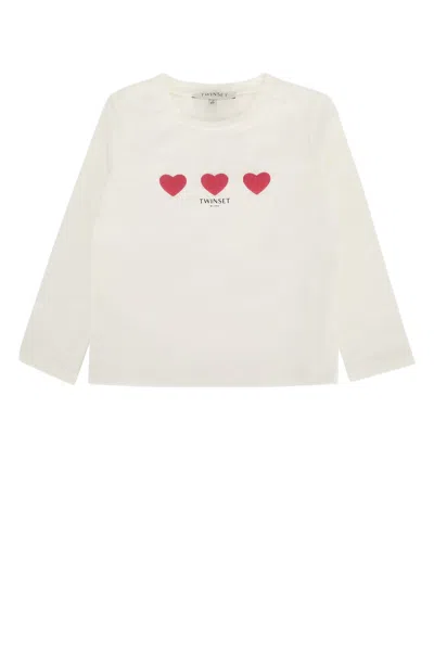 Twinset Twin-set Kids Long Sleeve Sweater With Heart Motif In Biancorosso