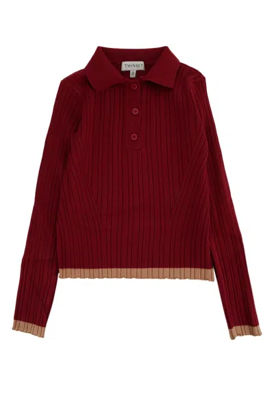 Twinset Twin-set Kids Ribbed Knit Polo Sweater In Red