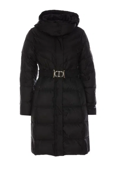 Twinset Knee-length Puffer Coat With Belted Waist In Black
