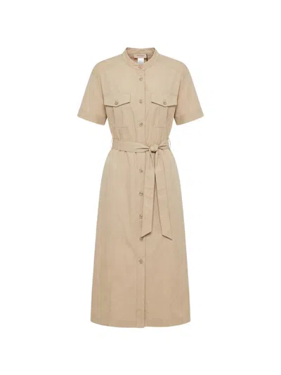 Twinset Knee-length Buttoned Fabric Belted Day Dress In Neutral