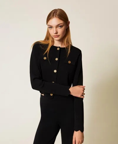 Twinset Knit Jacket With Logo Buttons In Black
