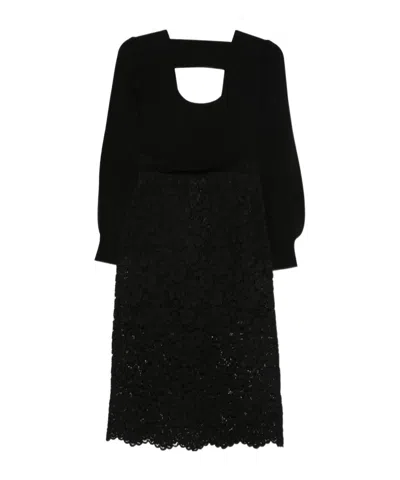 Twinset Robe Midi En Maille Et Dentelle In Black