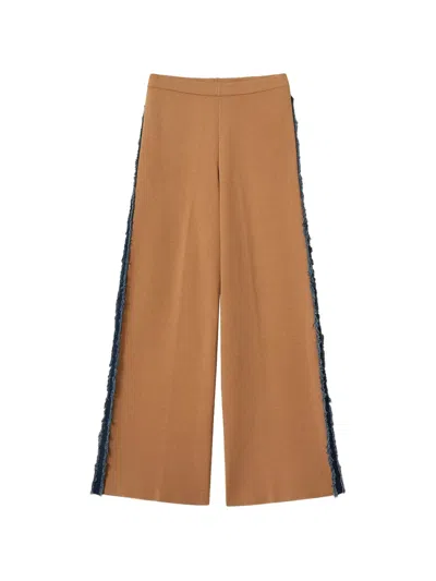 Twinset Knit Trousers With Denim Trim In Brown