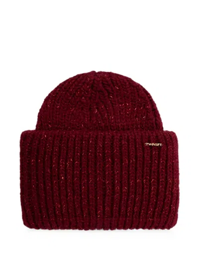 Twinset Knitted Beanie With Lurex In Burgundy