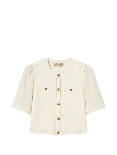 Twinset Knitted Cardigan With Metal Buttons In Neutral
