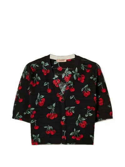 Twinset Knitted Cherry Cardigan In Black