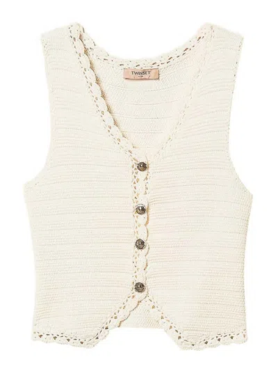 Twinset Twin-set Knitted Sleeveless Ecr Vest With Crochet Trim In Neutral