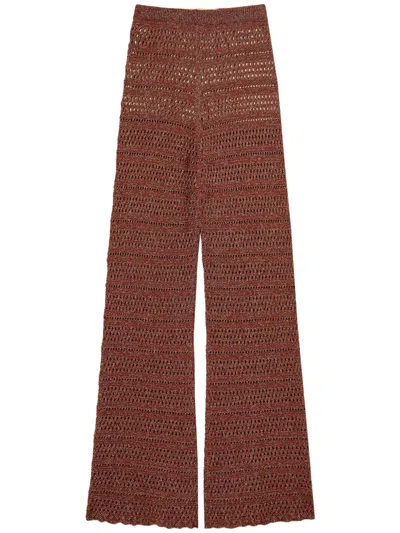Twinset Twin-set Wide-leg Trousers With Textured Open-knit Design In Brown