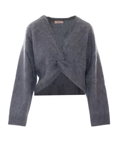 Twinset Knotted Front Cropped Brushed Cardigan In Blue