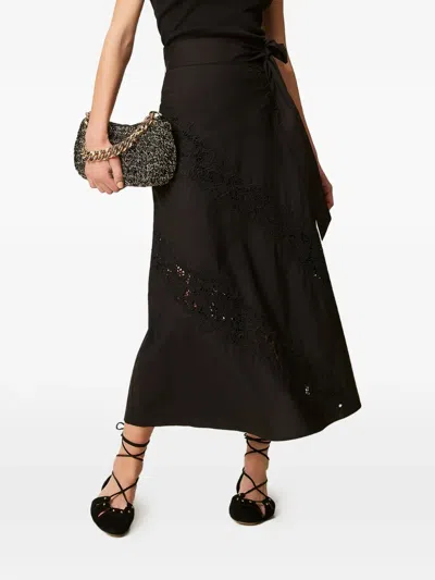 Twinset Lace Belted Midi Skirt In Black