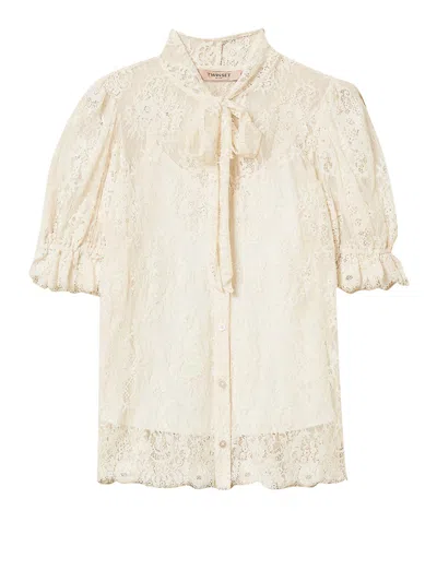 Twinset Lace Blouse With Puffed Sleeves In Neutral
