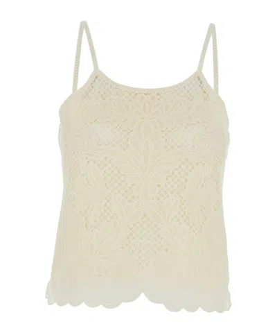 Twinset White Crew Neck Top With Lace Design In Cotton Blend Woman In Neutral