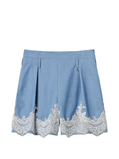 Twinset Lace-detail Belted Short In Blue