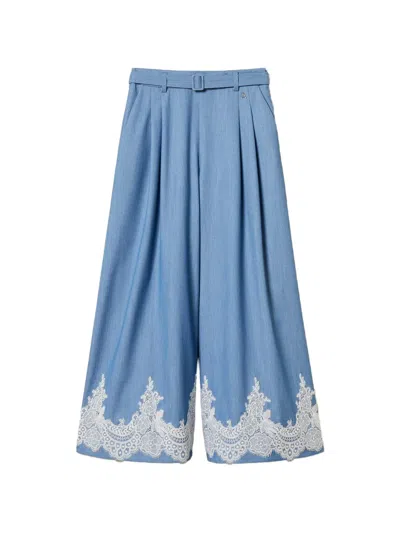 Twinset Lace-detail Palazzo Pants In Blue