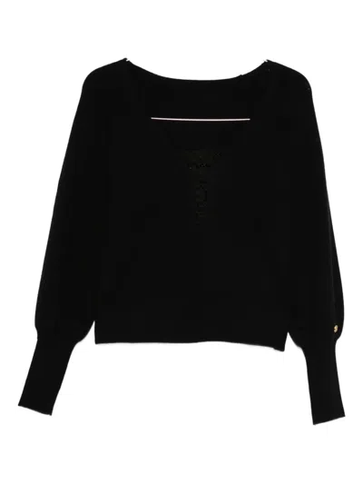 Twinset Lace-detail Puff-sleeve Sweater In Black