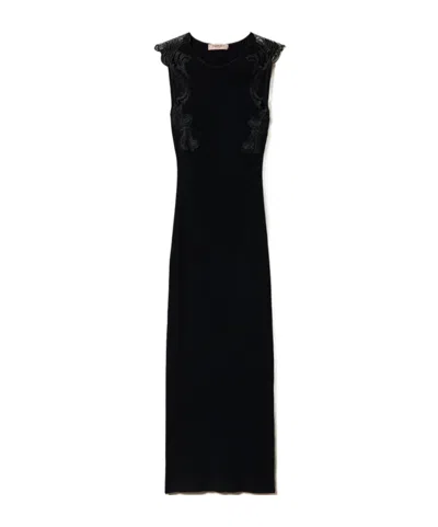 Twinset Lace-detail Ribbed Midi Dress In Black