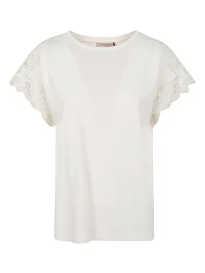 Twinset Lace-detail Short-sleeve Top In Optic White