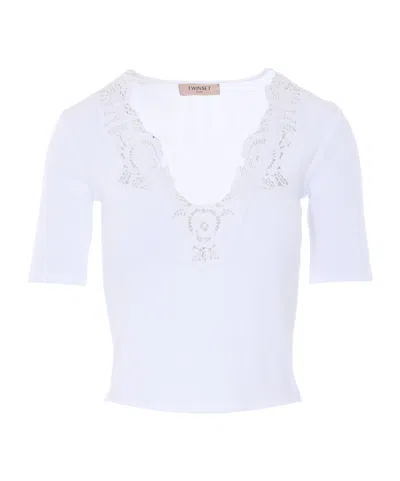 Twinset Lace-detail Ribbed T-shirt In Blue