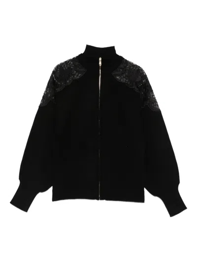 Twinset Lace-detail Zip-up Jacket In Black