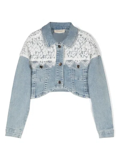 Twinset Kids' Lace-detailed Cropped Denim Jacket In Blue