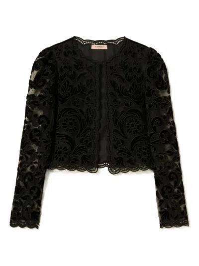 Twinset Lace-floral Single-button Cardigan In Black