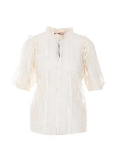 Twinset Lace High-neck Blouse In Neutral