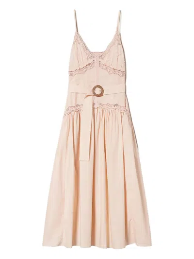 Twinset Lace-insert Belted Midi Dress In Pink