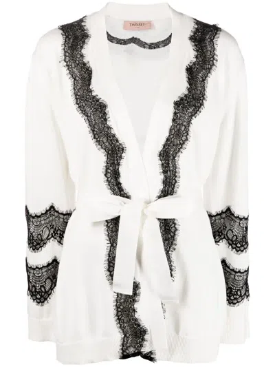 Twinset Lace-insert Cotton Cardigan In White