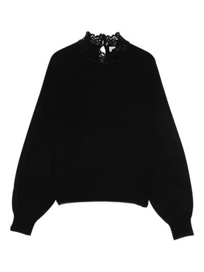 Twinset Lace-insert High-neck Sweater In Black