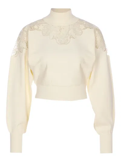 TWINSET LACE-INSERT HIGH-NECK SWEATER