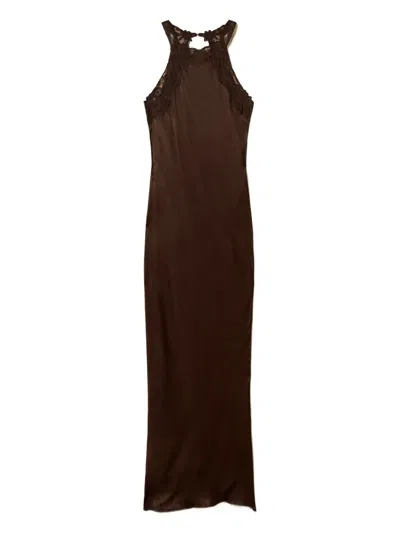 Twinset Lace-insert Maxi Dress In Brown