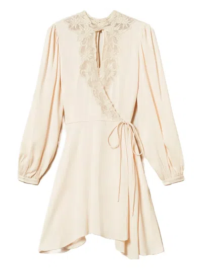 Twinset Lace-insert Wrap Dress In Neutral