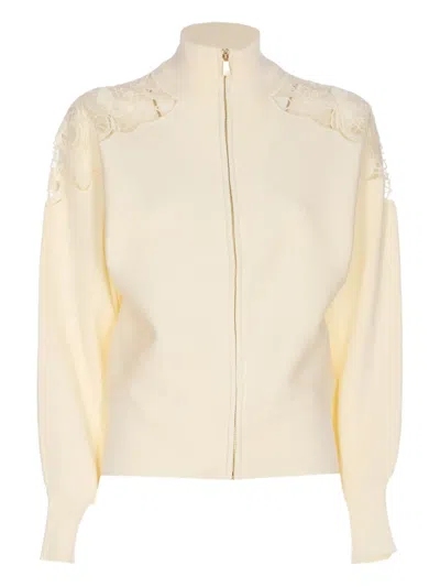 TWINSET LACE-INSERT ZIP-FRONT CARDIGAN