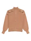 Twinset High Collar Lace Cut-out Coat With Ribbed Hem In Brown