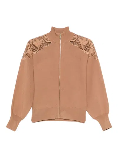 Twinset High Collar Lace Cut-out Coat With Ribbed Hem In Brown