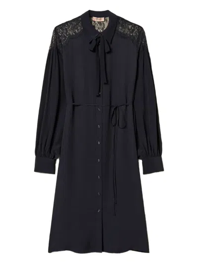 Twinset Lace-panel Georgette Midi Dress In Blue