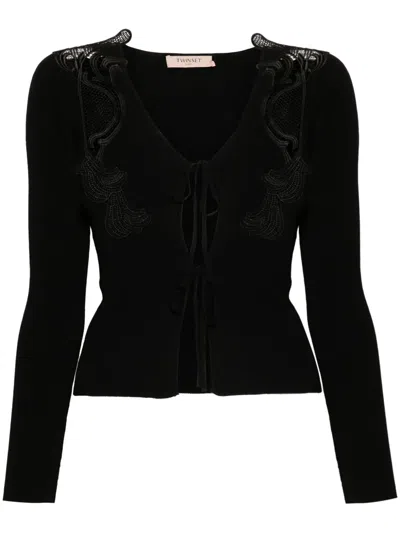 TWINSET LACE-PANELS RIBBED-KNIT CARDIGAN