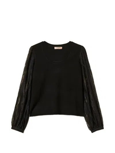 Twinset Lace-sleeve Blouses In Black