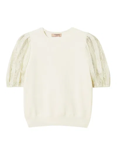 Twinset Lace-sleeve Top In Neutral