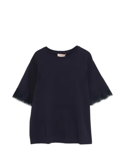 Twinset Lace-trim T-shirt In Blue