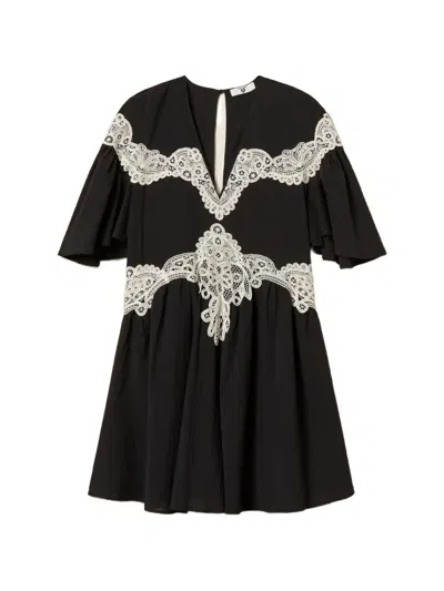 Twinset Lace V-neck Mini Dress In Black