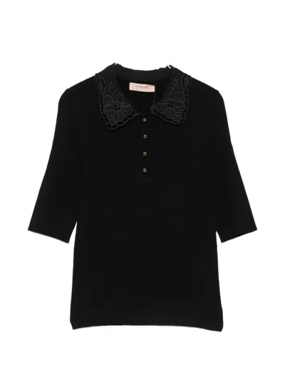 Twinset Lace-collar Ribbed Polo Shirt In Black