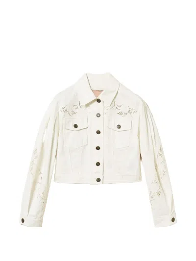 Twinset Lace-detail Denim Jacket In White