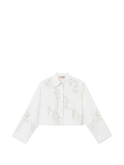 Twinset Cropped Long-sleeve Shirt With Floral Embroidery In White