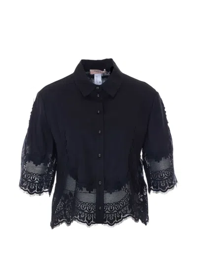 Twinset Lace-embroidered Linen Shirt In Black