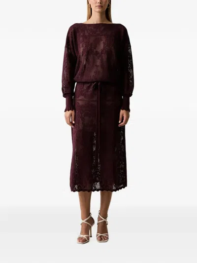 Twinset Lace-knit Drawstring Midi Dress In Brown